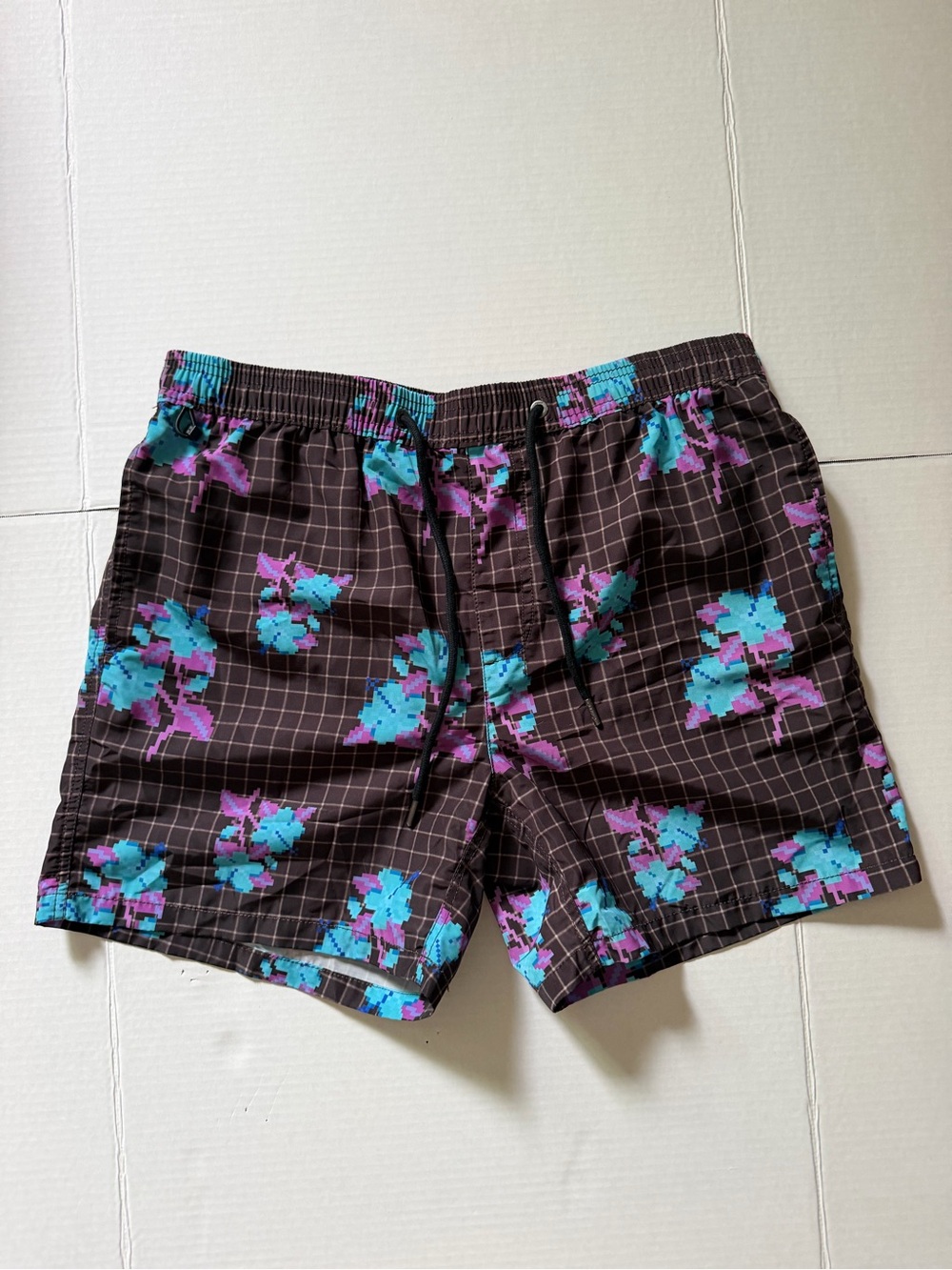 Ksubi Swim Trunks Mens Brown Pixelated Floral 5" Shorts Size Large